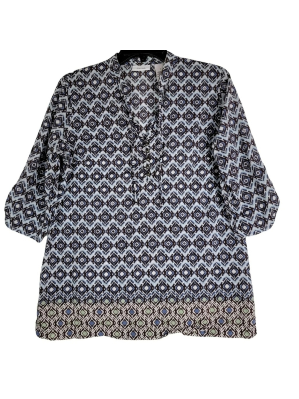 Liz & Co Womens Blue Geometric 3/4 Sleeve Tie Neck Blouse Top